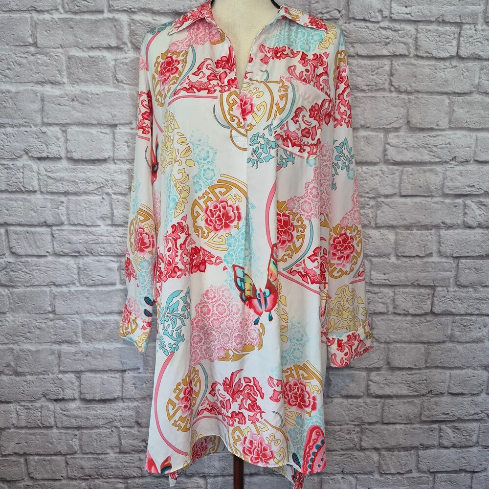 Natori Boho Floral Medallion Tunic Dress Split V Neck Butterfly Sleep Shirt Sz L - Picture 3 of 10